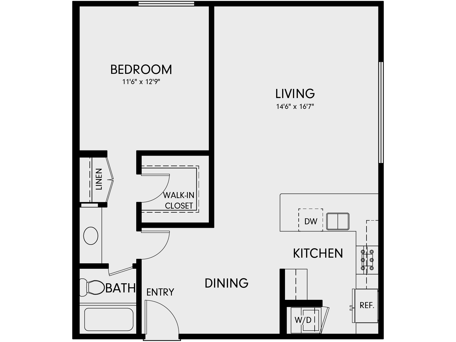 Floor plan for 1 bed, 1 bath, 810 sqft